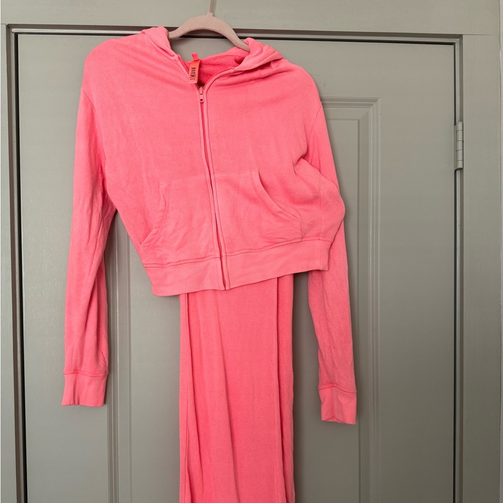 SKIMS MODAL FRENCH TERRY ZIP UP AND PANTS IN CORAL